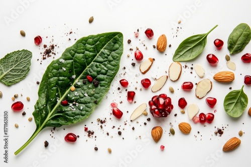 A flat lay of a single kale leaf with small toppings like pomegranate seeds and almond slivers, on a plain white background photo