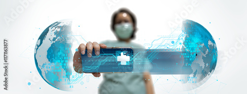Obraz na płótnie Medical professional uses smartphone, Ai world futuristic medical icons surrounding, isolated on white background. Concept of healthcare technology. 3D Rendering w salonie