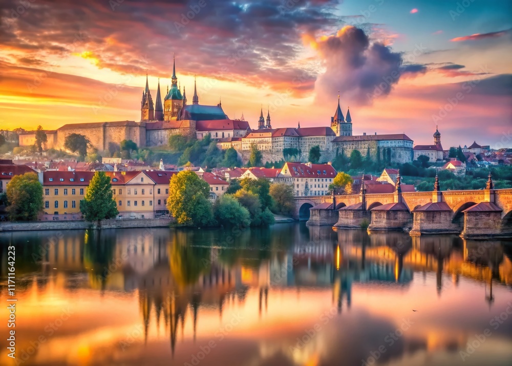Fototapeta premium Surreal Dawn Panorama: Prague Castle & Charles Bridge