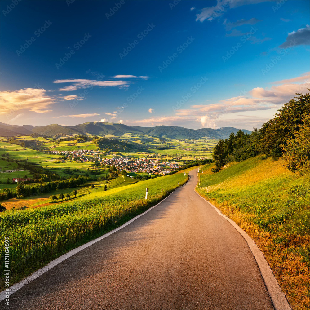 Naklejka premium Cycling mountain pass above the town and the surrounding fields