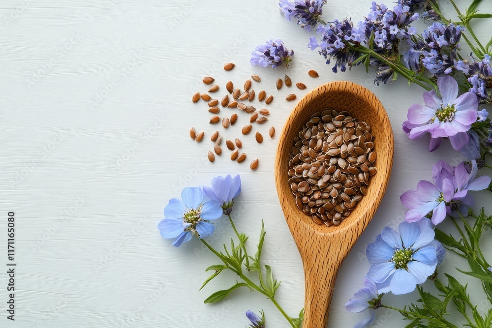 Beautiful arrangement of seeds and flowers on a light background with a wooden spoon holding various seeds Beautiful arrangement of seeds and flowers on a light background with a wooden spoon holding various seeds