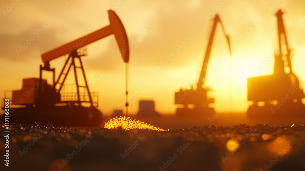 Fototapeta premium Oil rig petroleum logistics concept. Oil rigs silhouetted against sunset, showcasing petroleum extraction