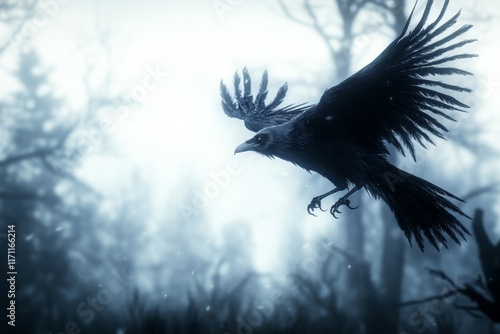 A gothic-style kite shaped like a raven, soaring over a dark, misty forest with dramatic lighting photo