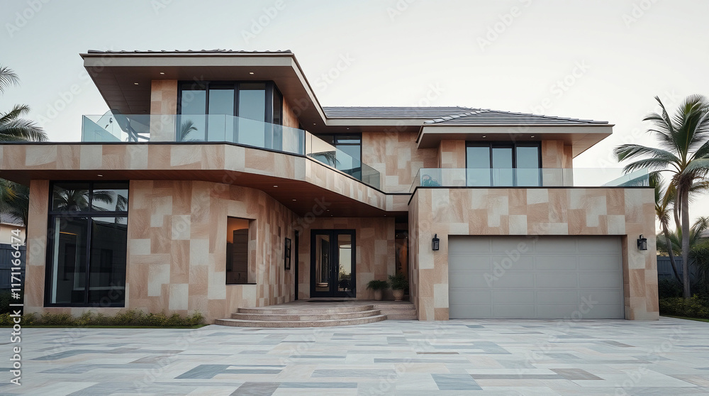 Two-story beige-stone house with glass balconies, large windows, and a double garage door. Landscaped driveway. Modern architectural style. Two-story beige-stone house with glass balconies, large windows, and a double garage door. Landscaped driveway. Modern architectural style.