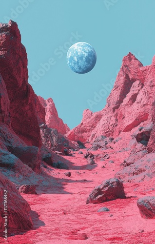 Pink Martian Canyon Landscape with Earth-like Planet in the Sky evokes otherworldly exploration. photo