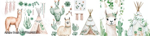 Invite guests with this creatively designed party invitation that includes a green watercolor cactus, succulents, flowers, garlands, a teepee, and a cute llama. Perfect for your project, wedding, photo