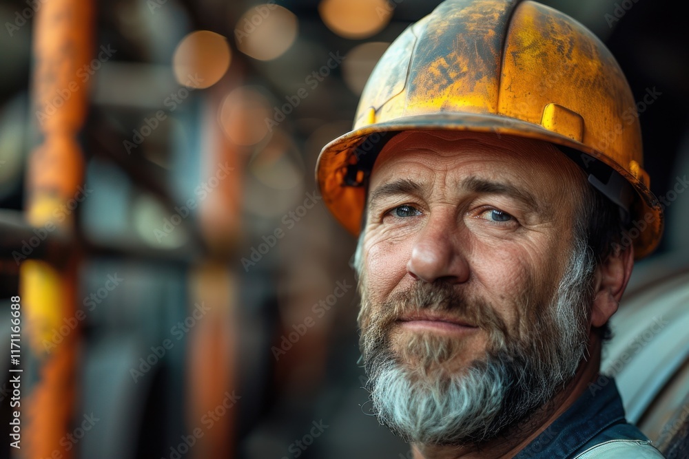 Portrait of a confident construction worker wearing a hard hat in an industrial setting during the daytime Portrait of a confident construction worker wearing a hard hat in an industrial setting during the daytime