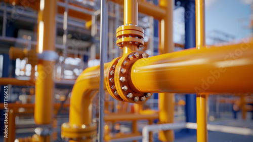 Oil rig petroleum logistics concept. Oil rig infrastructure with close up on vibrant orange pipelines and fittings