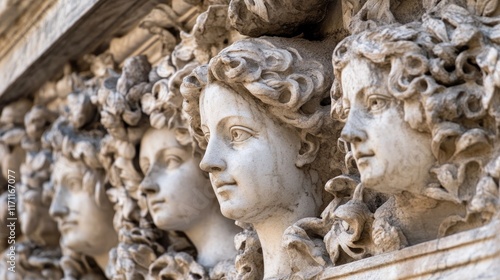 Close-up of ornate stone carvings depicting human faces, showcasing intricate details. photo