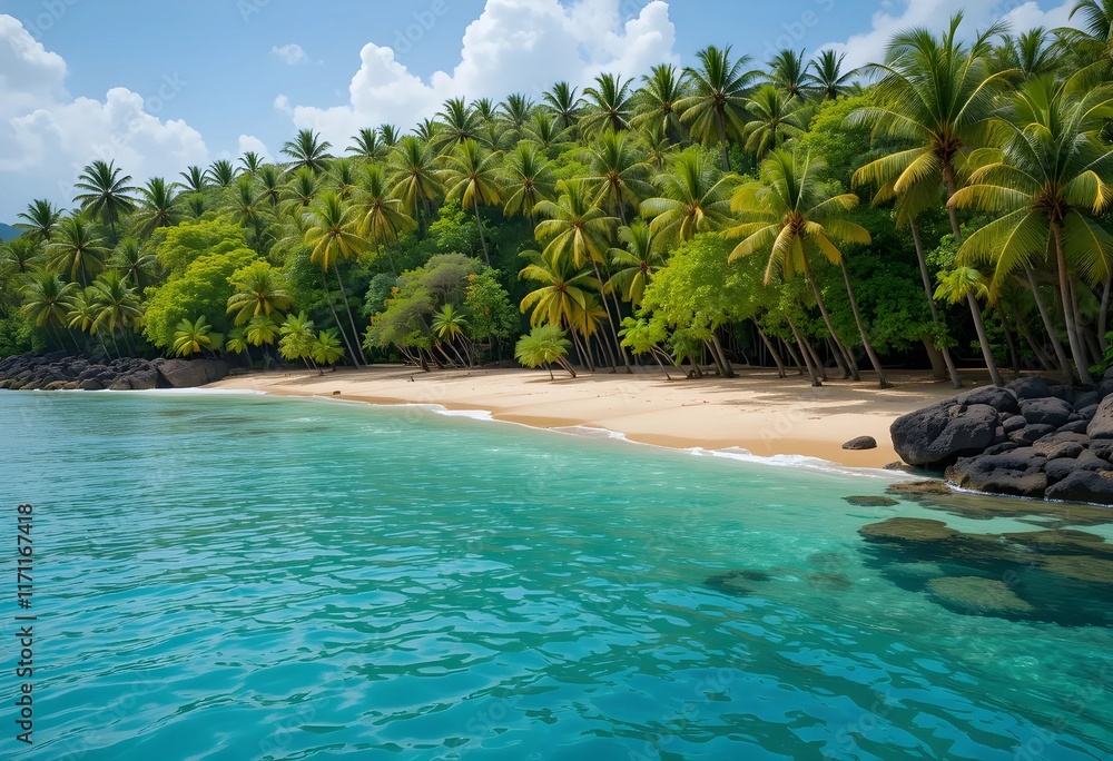 Obraz premium Serene beaches with crystal-clear waters framed by palm trees