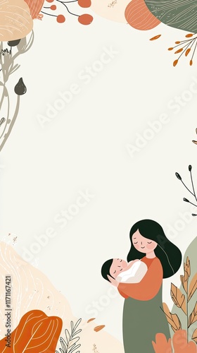 Tender Motherhood Illustrated Artwork of a Mom Holding Her Baby Surrounded by Floral Elements