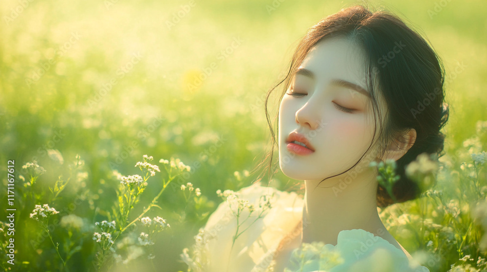 Serenity in a blooming field during golden hour with a young woman reflecting peacefully Serenity in a blooming field during golden hour with a young woman reflecting peacefully