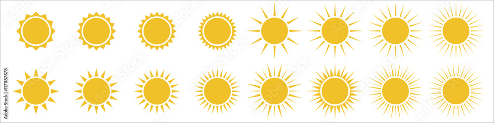 Set of simple icons of sun with a circular core and elongated spikes radiating outward. It is suitable for various design projects, showcasing warmth and brightness. Set of simple icons of sun with a circular core and elongated spikes radiating outward. It is suitable for various design projects, showcasing warmth and brightness.
