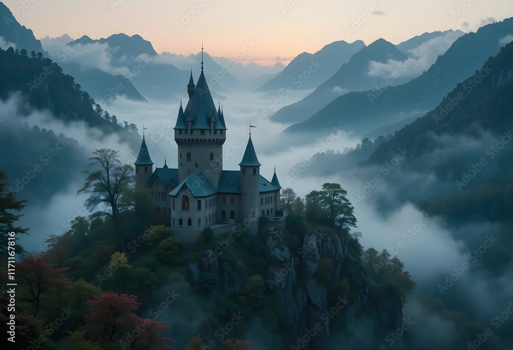 An ancient castle surrounded by misty mountains at dawn An ancient castle surrounded by misty mountains at dawn