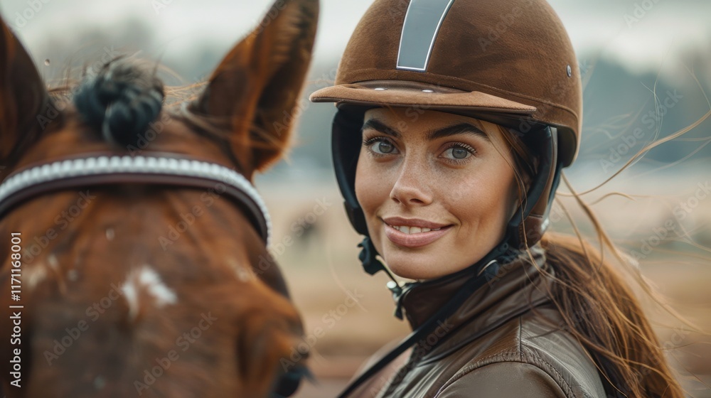 Equestrian rider smiles while preparing for a competition at an outdoor stable surrounded by horses in late afternoon light Equestrian rider smiles while preparing for a competition at an outdoor stable surrounded by horses in late afternoon light