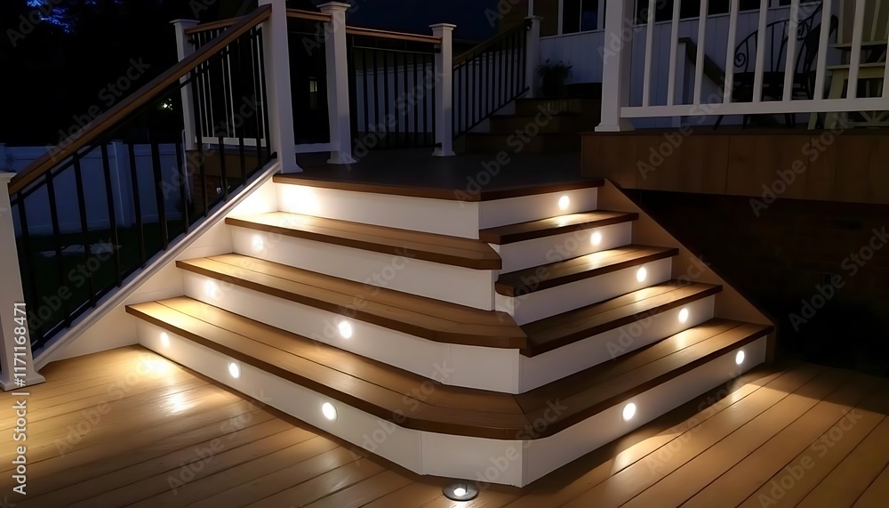 Deck stairs with lights, black and white accents on the steps, night time lighting, outdoor area, vinyl fence Deck stairs with lights, black and white accents on the steps, night time lighting, outdoor area, vinyl fence