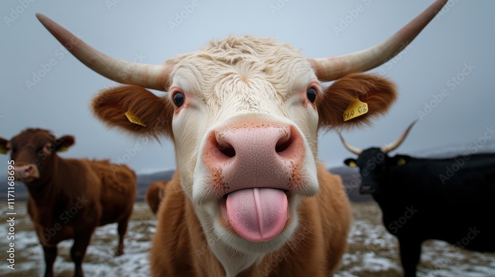 Farm animals interact in a chilly landscape as a cow sticks out its tongue with herd members in the background during a cloudy day Farm animals interact in a chilly landscape as a cow sticks out its tongue with herd members in the background during a cloudy day