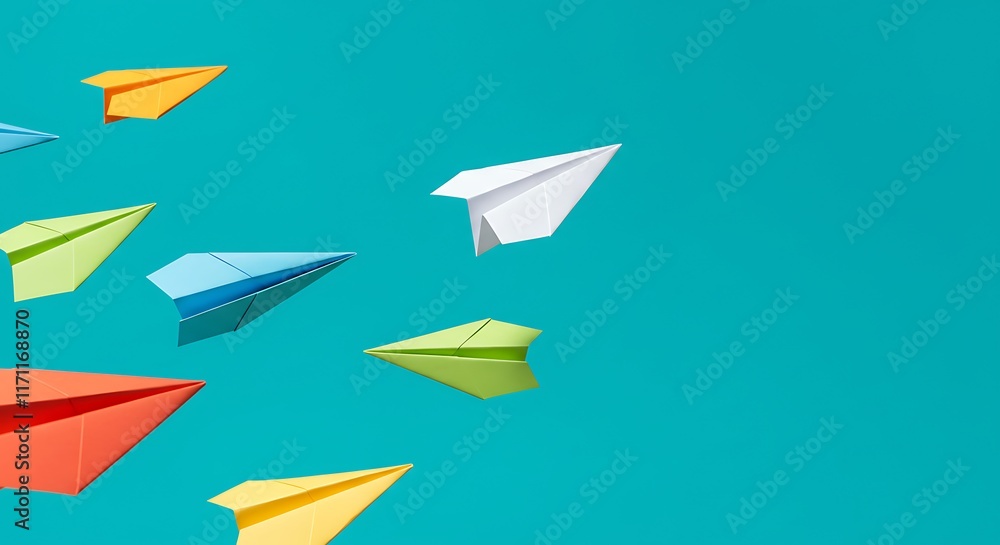 Colorful Paper Airplanes Flying Through a Bright Turquoise Background, Capturing a Sense of Freedom, Creativity, and Playful Energy with Vibrant Colors, Perfect for Inspirational and Fun Design Projec Colorful Paper Airplanes Flying Through a Bright Turquoise Background, Capturing a Sense of Freedom, Creativity, and Playful Energy with Vibrant Colors, Perfect for Inspirational and Fun Design Projec