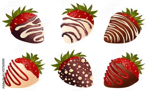 Chocolate-Covered Strawberries. White, Black & Milk Chocolate & Nuts Covered and Drizzle Berry Collection. Valentine's Day Dessert