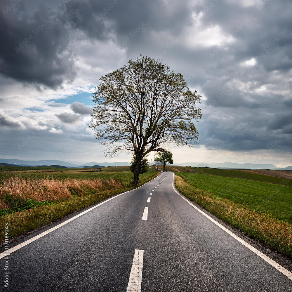 Fototapeta premium Cycling Road with a single tree on a cloudy day