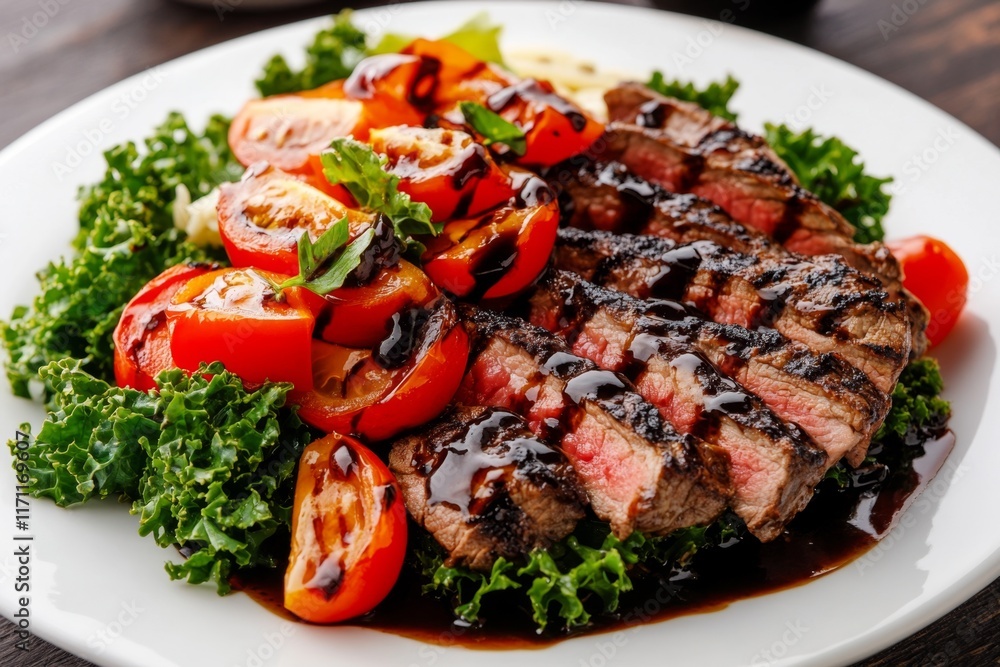 A kale and grilled steak salad, served with roasted red peppers and a balsamic glaze drizzle A kale and grilled steak salad, served with roasted red peppers and a balsamic glaze drizzle