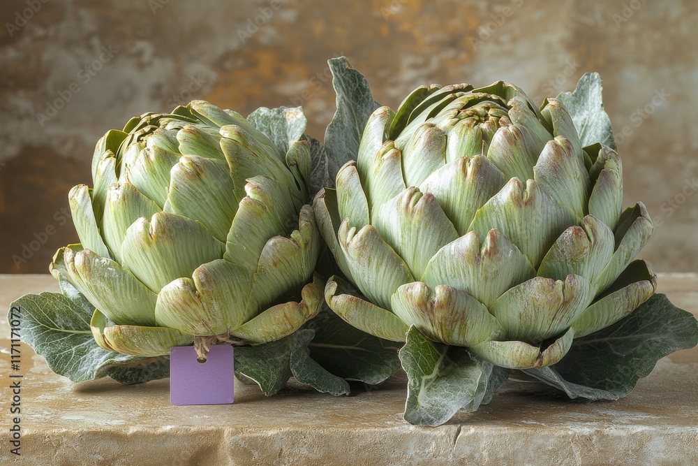 Fototapeta premium Freshly harvested artichokes displayed on a rustic wooden countertop with a neutral background enhancing their vibrant green hues and intricate texture