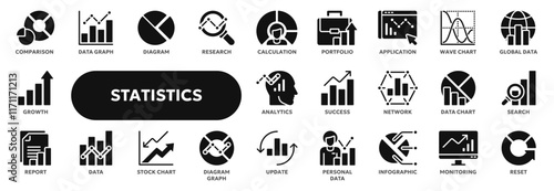 Set of vector solid icons related to statistics, data analysis, infographic. Symbols for website or app ui, logo design, illustration