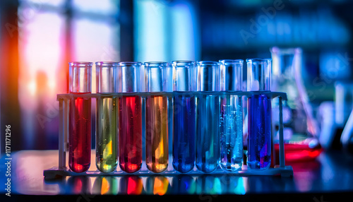 Test tube row. Concept of medical or science laboratory, various color liquids , blue red tone background, close up, macro photography picture, AI Generated
