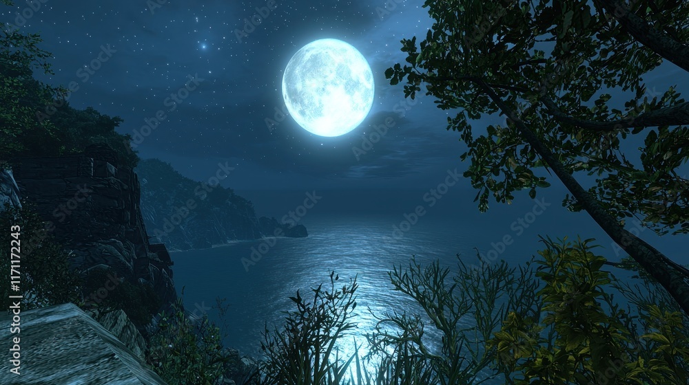 Fototapeta premium A serene night scene featuring a full moon over a calm sea.