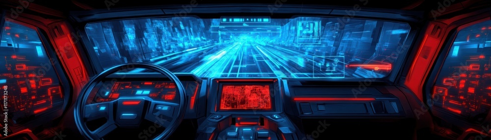 Futuristic Digital Interface Inside a High-Tech Vehicle with Neon Lights and Advanced Technology Displaying a Speedy Journey Through Cyberpunk Cityscape Futuristic Digital Interface Inside a High-Tech Vehicle with Neon Lights and Advanced Technology Displaying a Speedy Journey Through Cyberpunk Cityscape