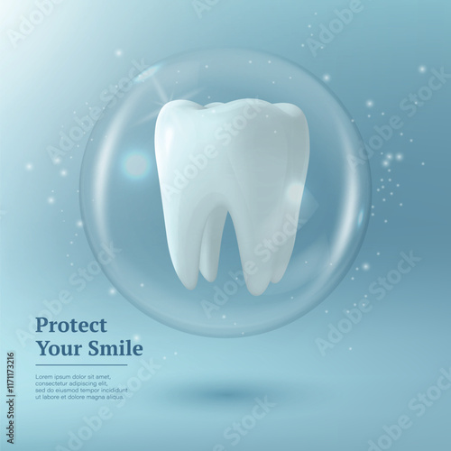 Protect Your Smile. Vector 3D Realistic Tooth in a Protective Bubble Isolated on a Blue Background. Design Template, Clipart, Mockup. Dentistry, Healthcare, Medical, Hygiene, Protection Concept