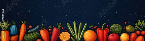 Vibrant and Fresh Collection of Colorful Vegetables and Fruits Border on Dark Background for Culinary and Agricultural Projects photo