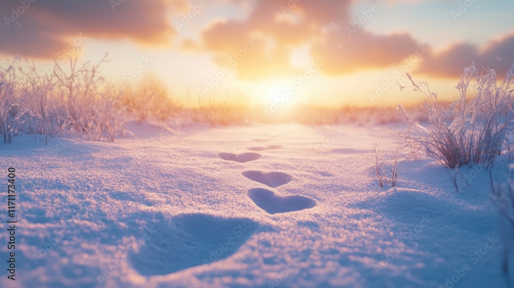 A romantic winter sunrise casting a soft glow over a snow-covered field, with heart-shaped footprints leading into the distance. A romantic winter sunrise casting a soft glow over a snow-covered field, with heart-shaped footprints leading into the distance.