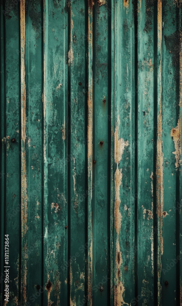 Weathered green metal wall showcases rustic charm and age-old beauty in an industrial setting Weathered green metal wall showcases rustic charm and age-old beauty in an industrial setting