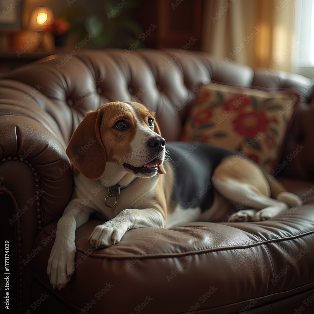 Obraz premium Beagle dog resting on leather sofa in cozy living room.