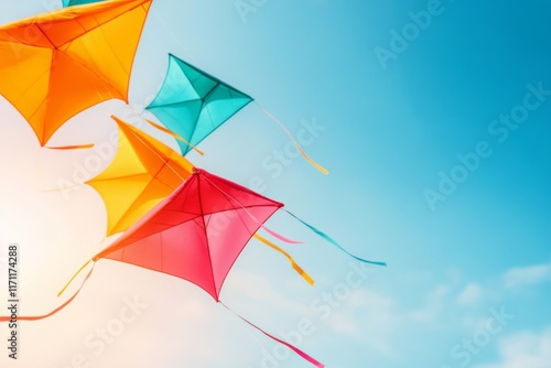 A line of kites stretching into the horizon, creating a chain of vibrant shapes against the sky