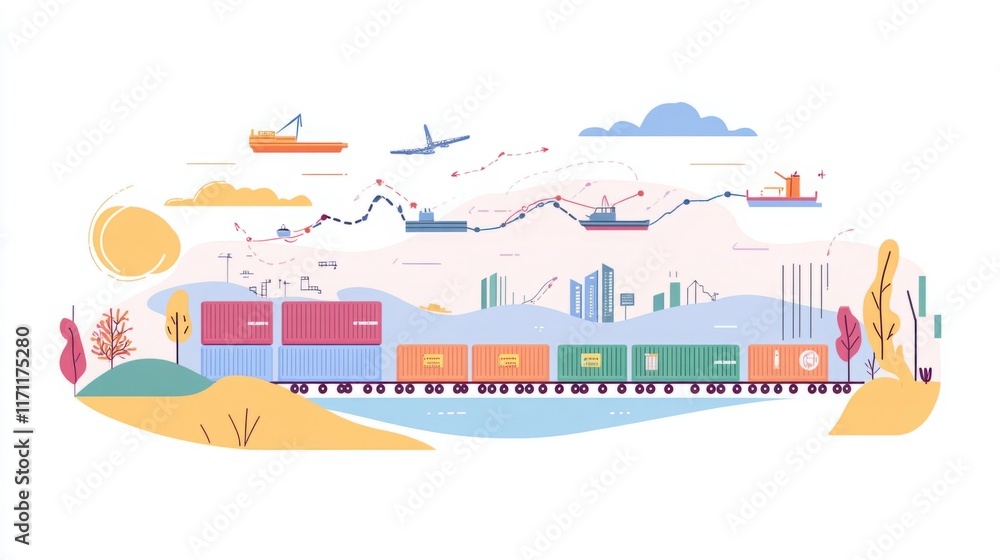 Fototapeta premium Colorful illustration of a freight train transporting containers through a vibrant landscape with shipping vessels in the background and stylized natural elements