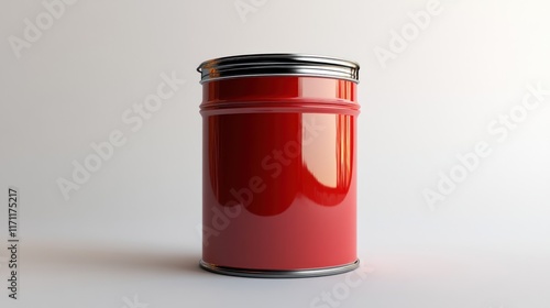 Red metal drum, cylindrical container, glossy finish, isolated on white background. photo