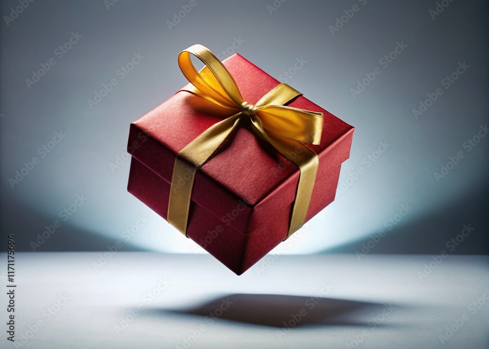 Obraz premium Surreal Red Gift Box with Gold Bow, Isolated White Background - Festive Holiday Present