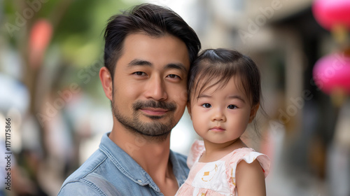 Chinese father and daughter posing together in the city with a serene expression photo