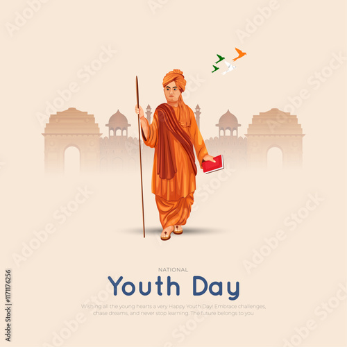 12th January - Happy Indian National Youth day Post and Flyer Template. Swami Vivekananda Jayanti Creative with Text and Silhouette Vector Illustration