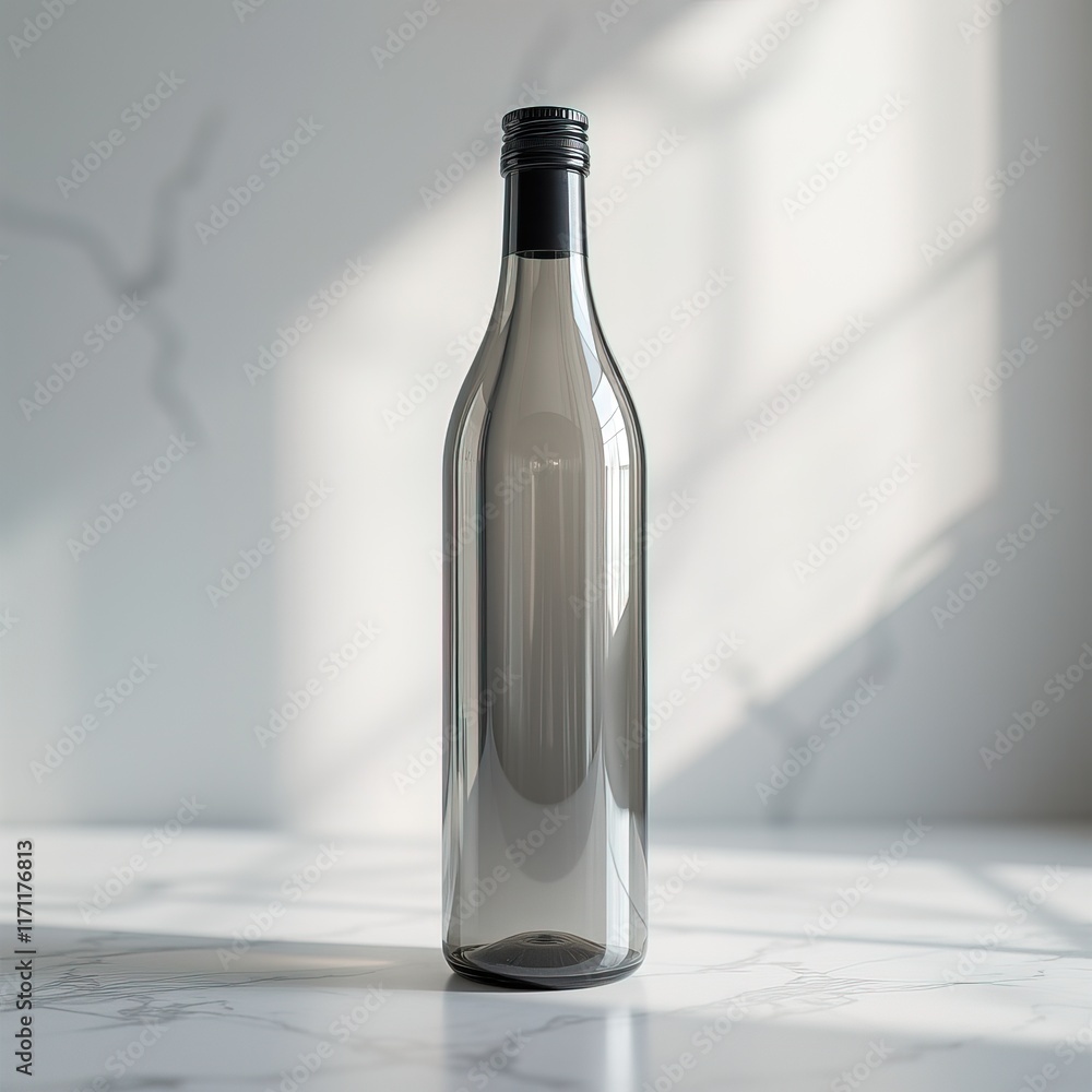 Glass bottle on marble surface with soft shadows Glass bottle on marble surface with soft shadows