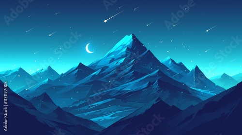 Majestic Mountains Underneath a Night Sky Filled with Shooting Stars photo