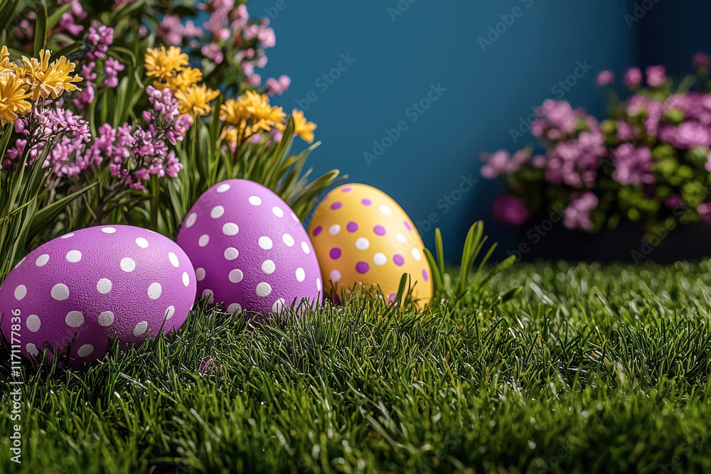 Polka-dotted Easter eggs on vibrant grass with flowers
Polka-dotted Easter eggs on vibrant grass with flowers