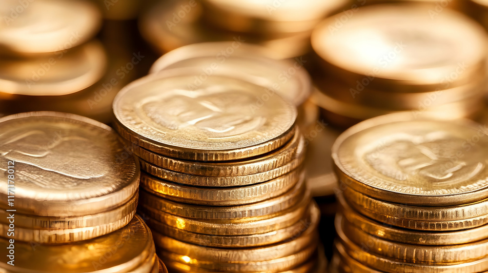 Golden coins stacked high, wealth, finance, close-up, background blurred, business concept Golden coins stacked high, wealth, finance, close-up, background blurred, business concept