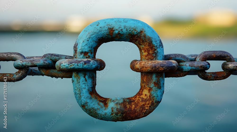 Rusty chain link by water, blurry background; security, strength concept Rusty chain link by water, blurry background; security, strength concept