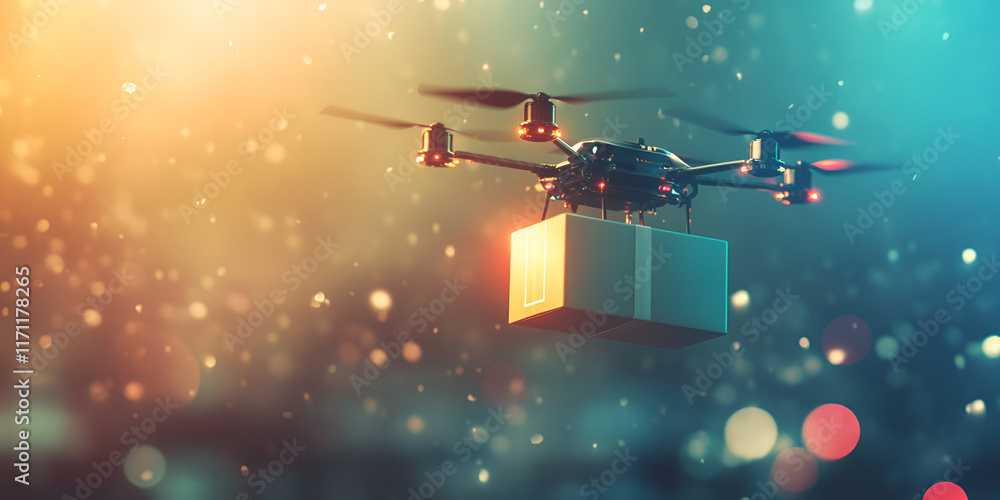 Naklejka premium Drone Delivering a Package with City Lights in Background