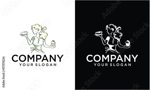 Creative beauty retro pinup cartoon girl holding a delicious tasty cake, for your logo, label, emblem