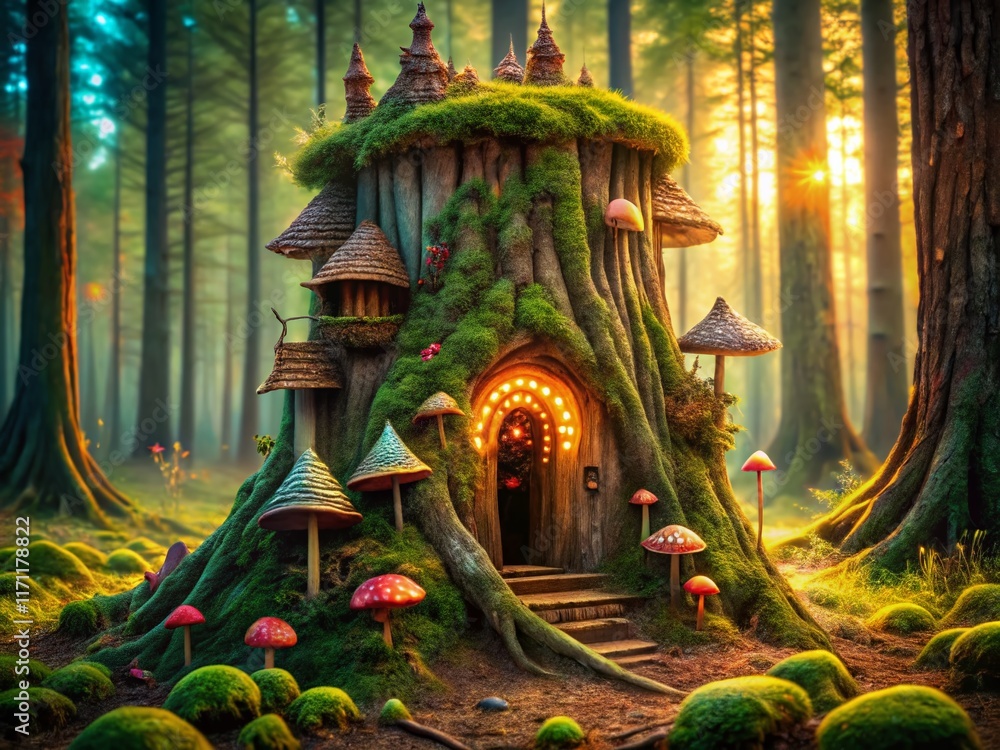 Fototapeta premium Surreal Tree Stump Art: Whimsical Forest Sculpture Photography