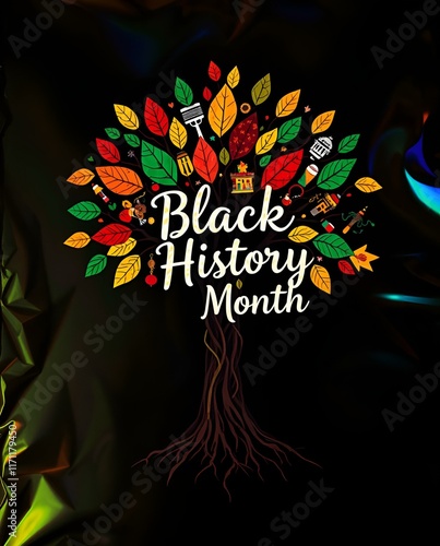 Illustrated Black History Month Banner Poster with Meaningful Visuals of African-American Achievements, Unity, and the Fight for Racial Justice photo